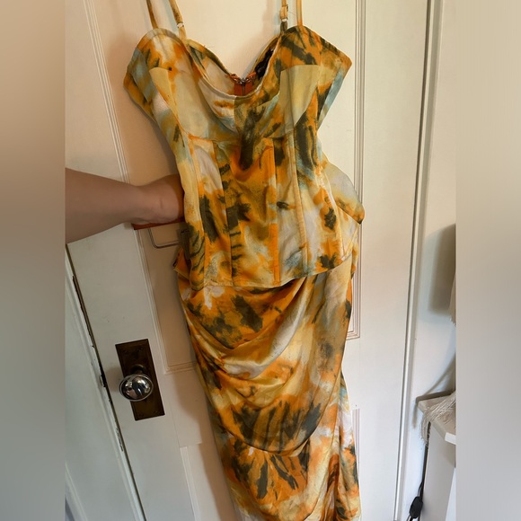 Viral PrettyLittleThing Orange Tie Dye Print Corset and Ruched Skirt Set Sz 10 - Picture 7 of 14